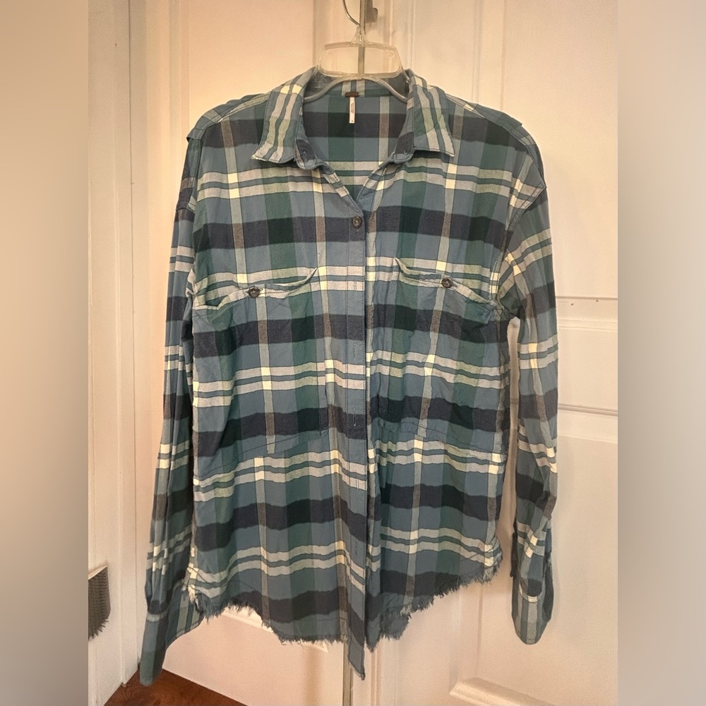Free People Blue and Green Plaid Button-Up Shirt Size Small